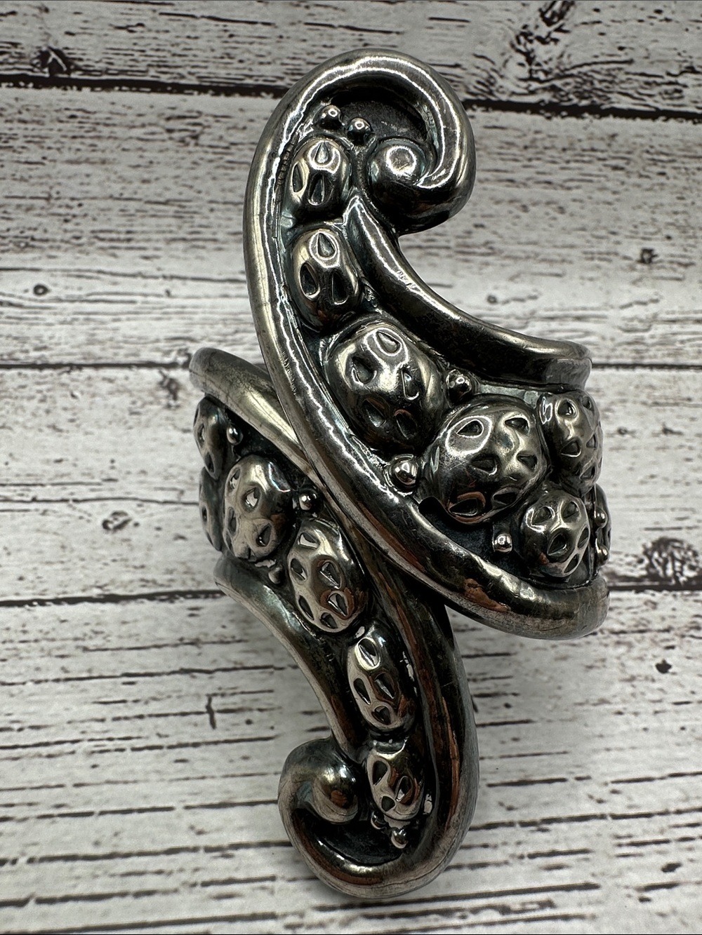 Taxco Silver Sculpted Cactus Scroll Clamper Cuff